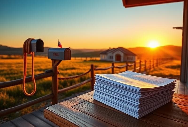 Texas ranch sunset with property tax documents on porch, symbolizing Harris County property tax relief.