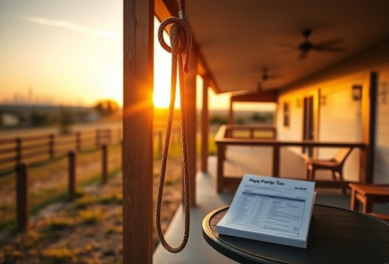 Modern Texas ranch home at sunset with lasso on fence, Harris County tax district document