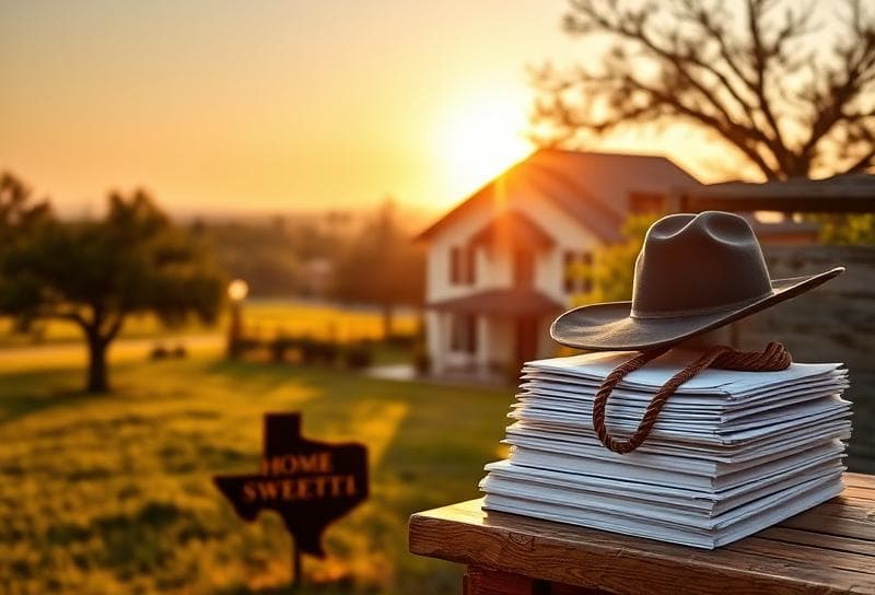 Sunlit Texas ranch home with cowboy hat, lasso, and Alief property tax documents on rustic