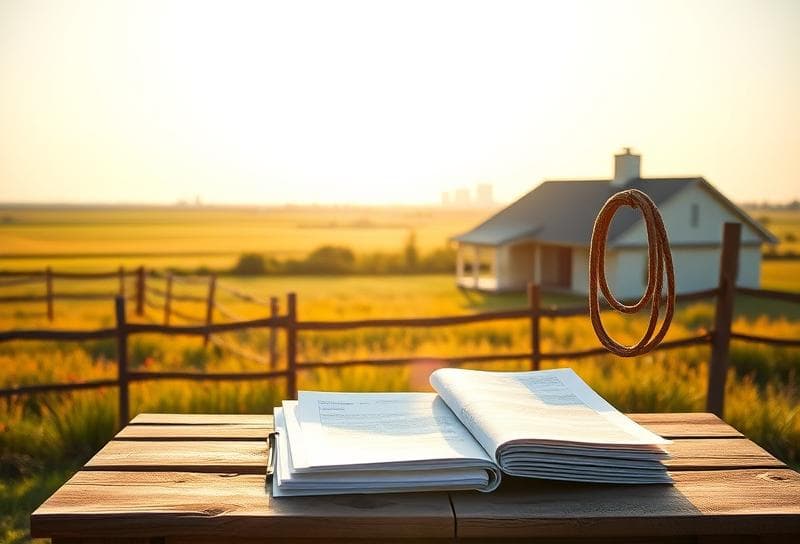 Sunlit Texas ranch with Houston skyline, county CAD website on laptop, and western lasso charm.