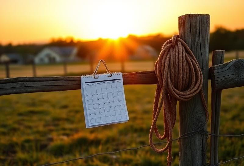 Sunset over a Texas ranch with a lasso, calendar, and property tax documents symbolizing local