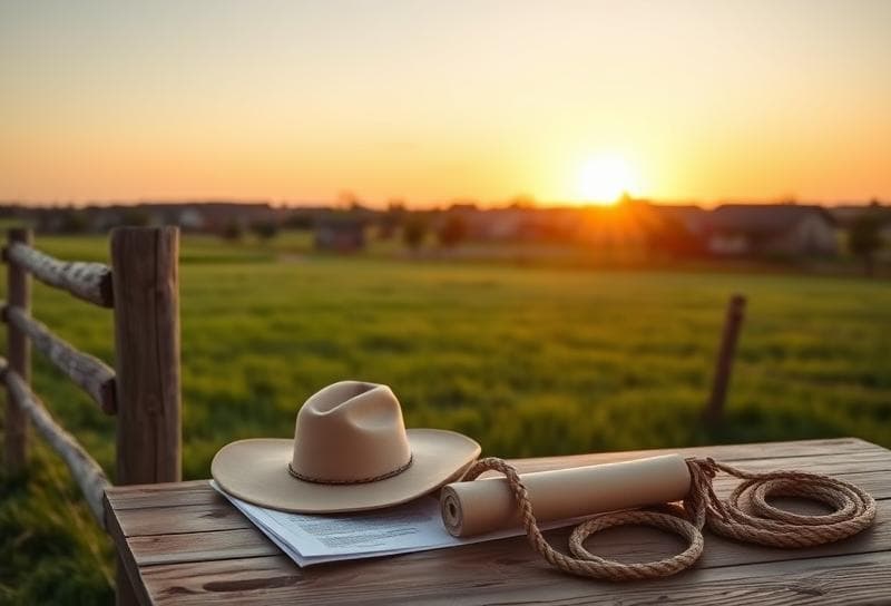 Sunset over a Texas ranch with a cowboy hat on a fence post, property tax