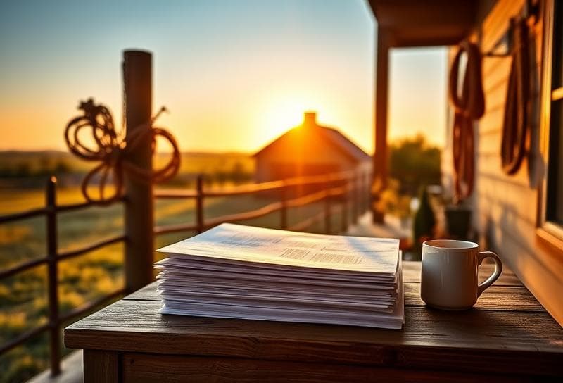Texas ranch sunrise with Houston home, lasso on fence, and property tax documents on porch