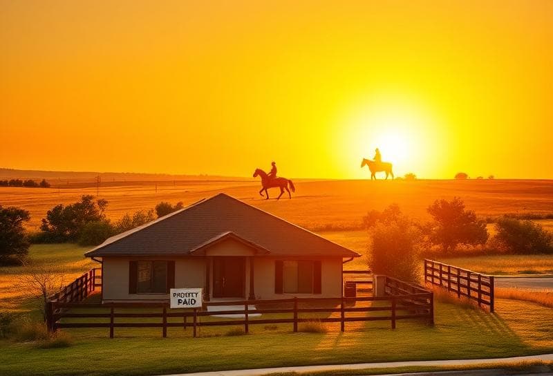 Texas ranch sunset with suburban home, cowboy silhouette, and property tax solution services sign.