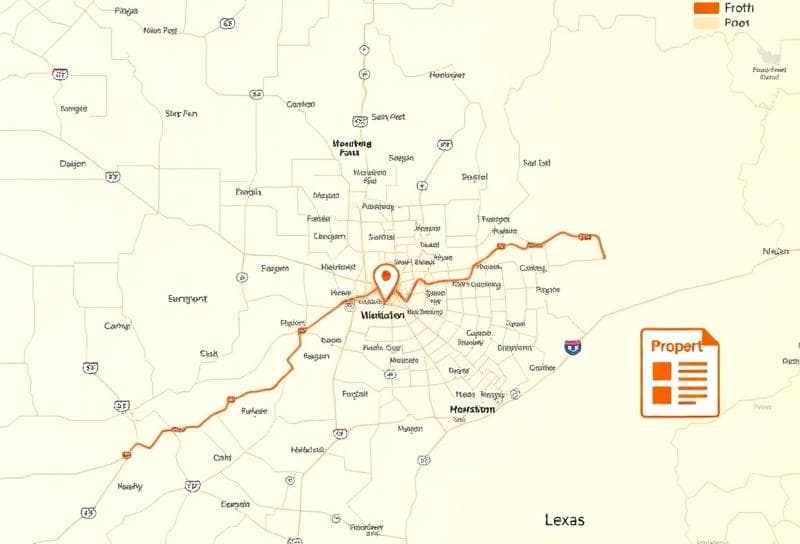 Modern Houston map with Western elements, highlighting neighborhoods and county assessor near me locations.