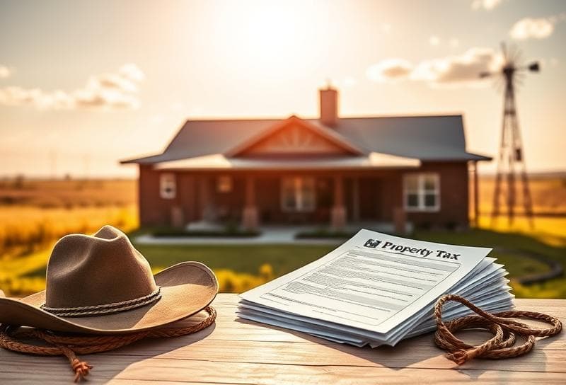 Rustic Houston ranch home with property tax documents, cowboy hat, and lasso on desk, Texas