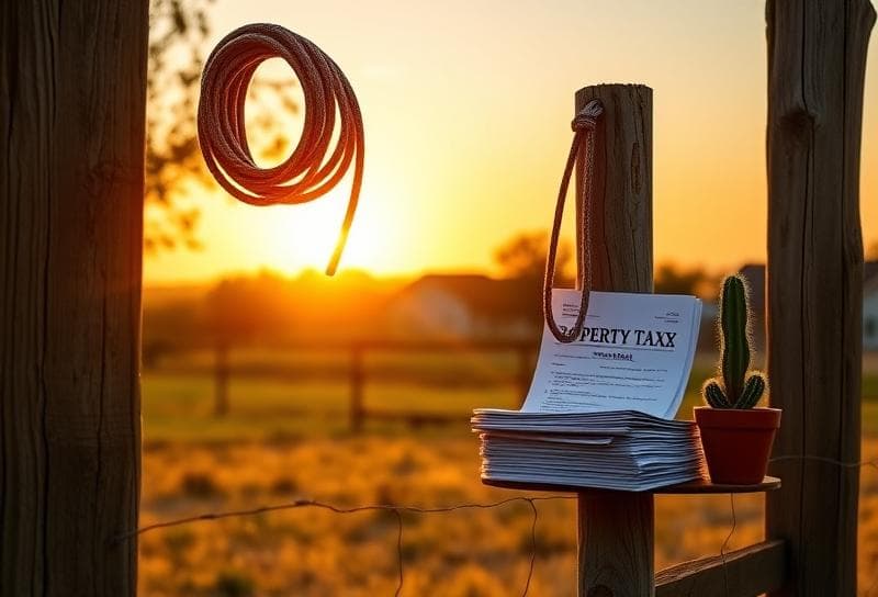 Sunset over a Texas ranch with a Houston suburb, lasso on a fence, and bpp