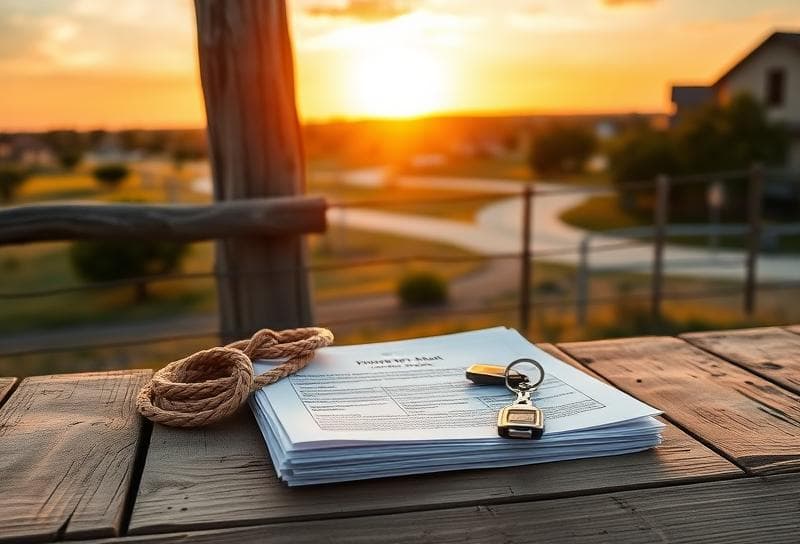 Sunset Texas ranch with property tax documents, house keys, and lasso symbolizing tax relief experts