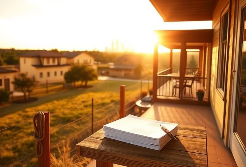 Modern Houston suburban home with a Texas ranch backdrop, golden-hour lighting, and property documents symbolizing