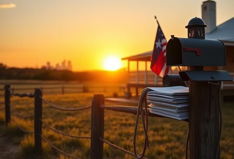 Texas ranch at sunset with property tax documents, lasso, and Houston skyline, symbolizing property tax