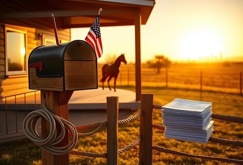 Sunlit Texas ranch with property tax documents on porch, blending rural charm and real estate