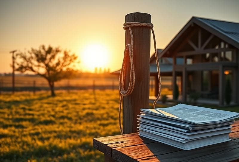 Sunlit Texas ranch with Houston suburban home, lasso on fence, and property tax documents, symbolizing