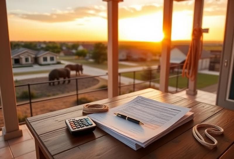 Texas ranch sunset with property tax documents, calculator, and lasso on a porch.