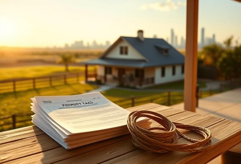 Texas ranch home with Houston skyline, property tax documents, and lasso symbolizing tax values on